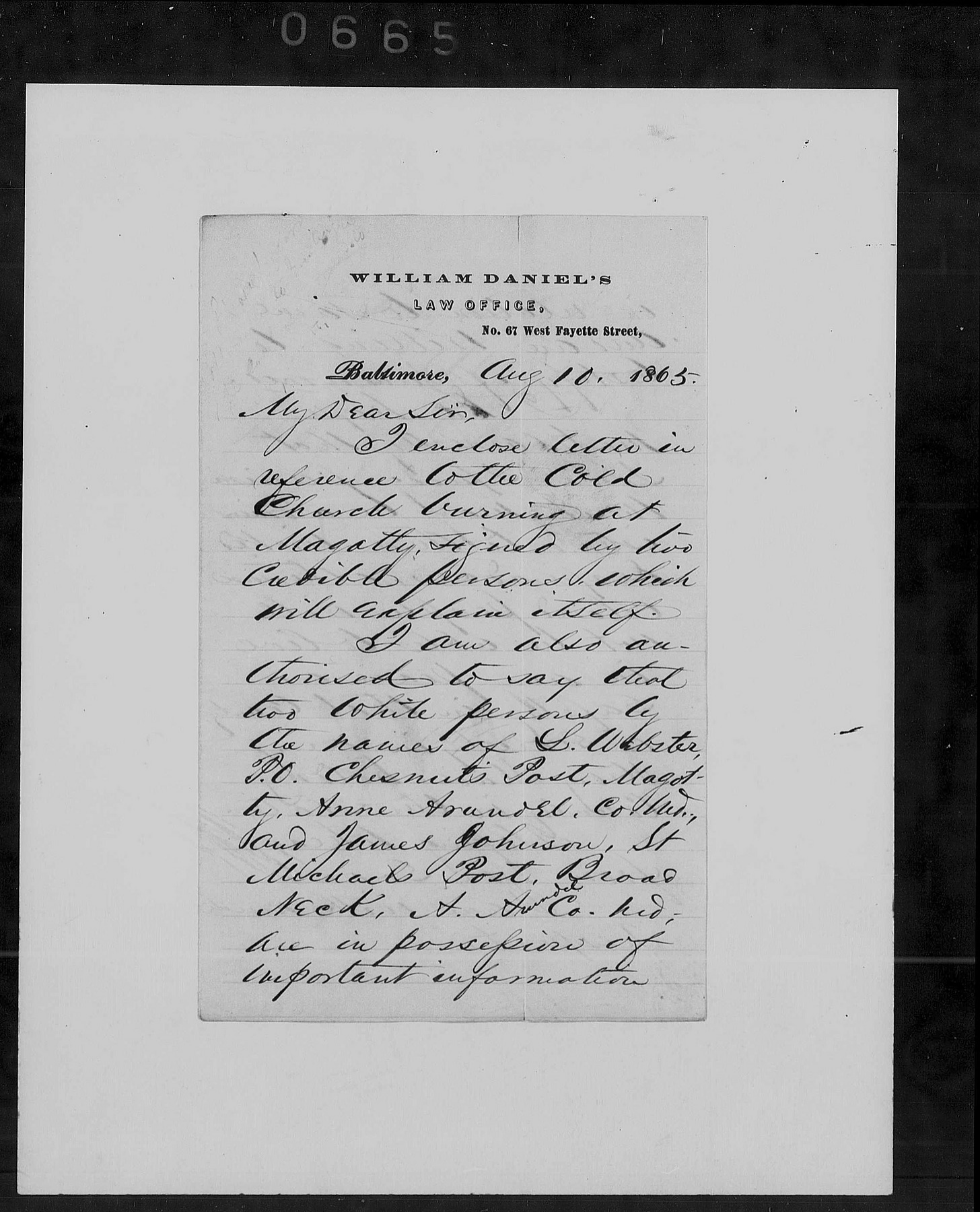 William Daniel letter about Magothy church, 10 August 1865