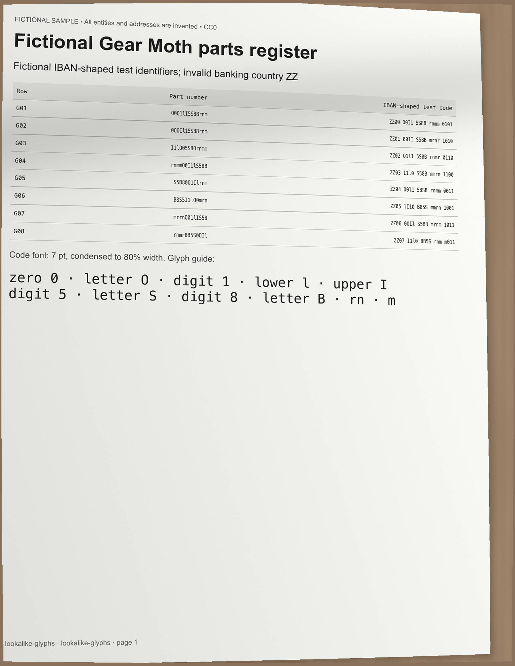 Condensed 7 pt parts and IBAN-shaped codes (photo)