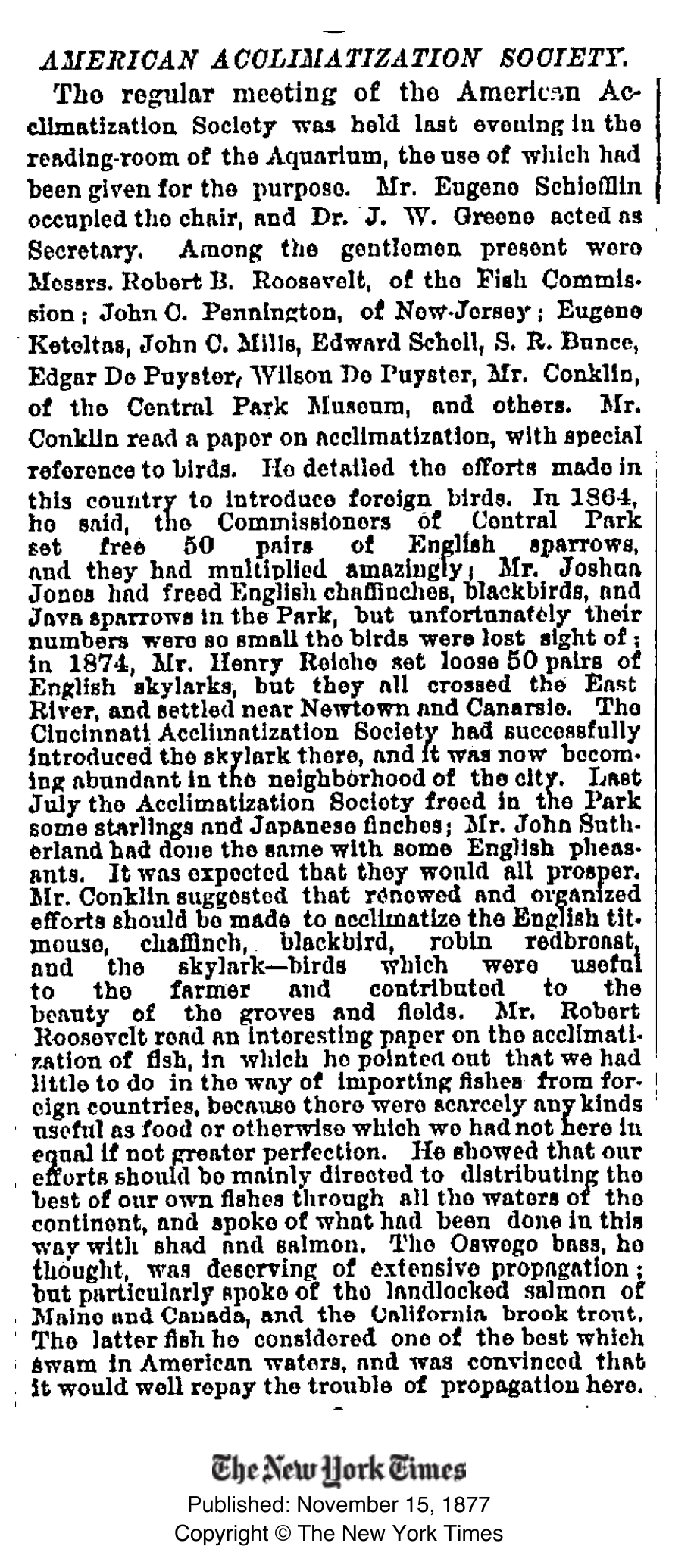 The New York Times, 15 November 1877, acclimatization article