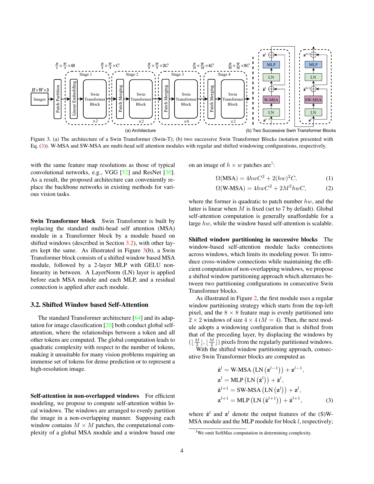 Swin Transformer, two-column equations and full-width figure, PDF page 4